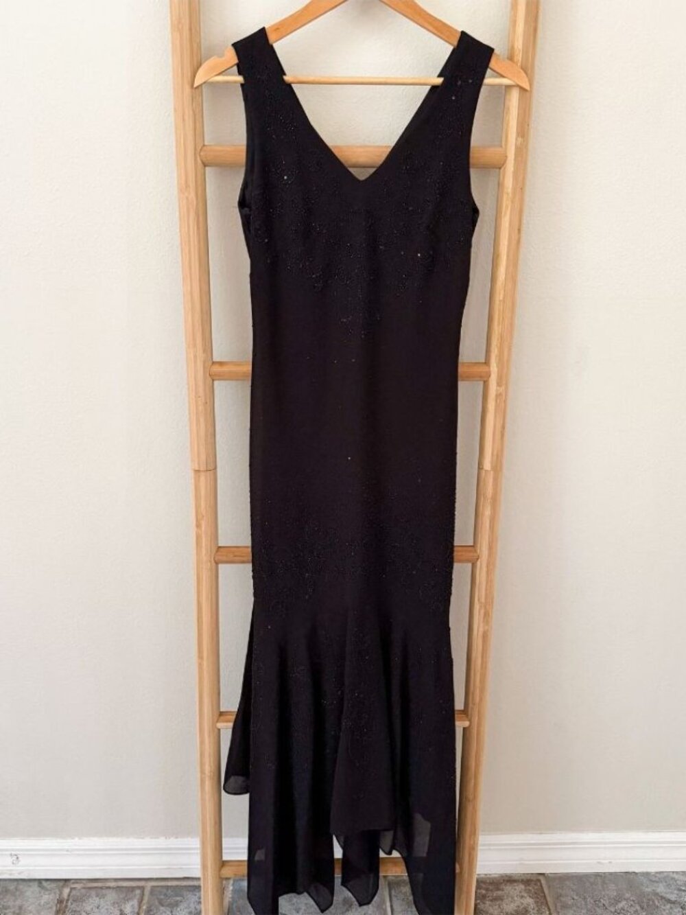 Vintage Dollar Black Beaded Mermaid Handkerchief Hem Evening Dress S EUC